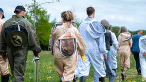 Beekeeper in full suit at Beeble's Wiltshire apiary